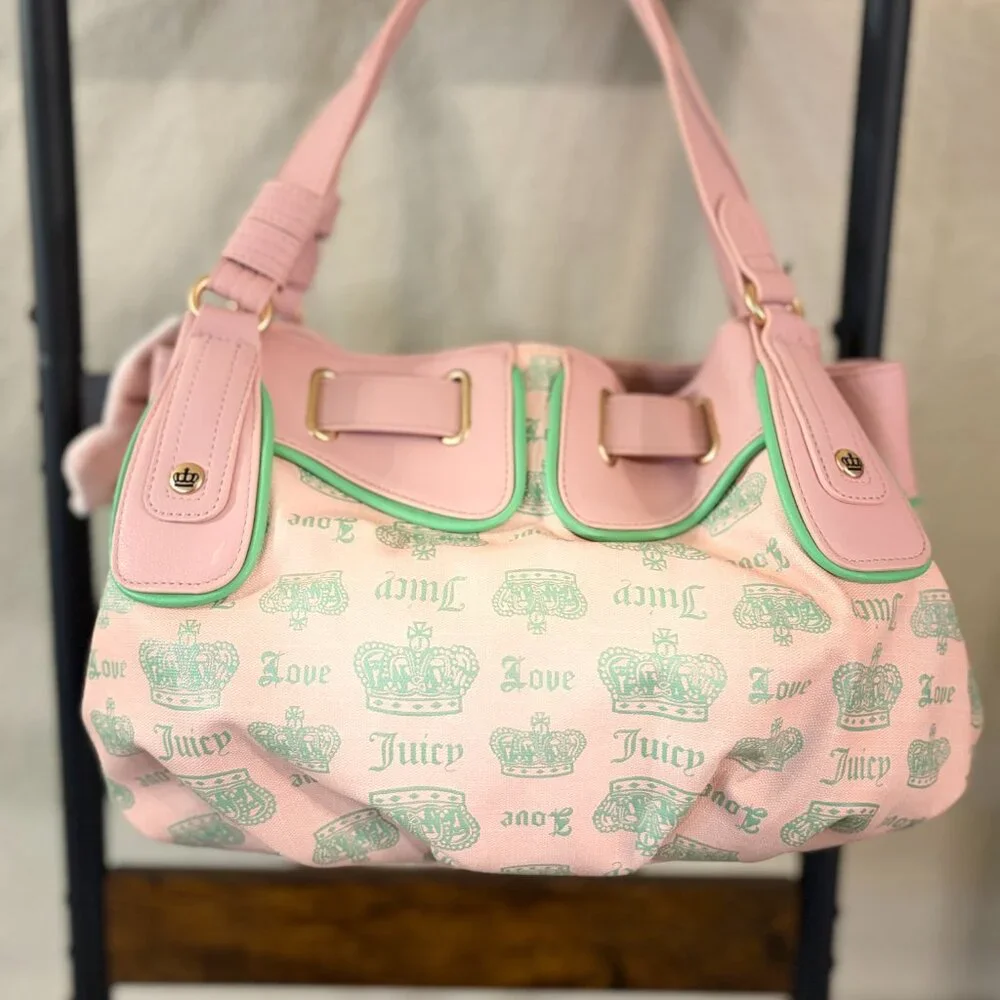 Juicy Couture Fan Club Crown Logo Satchel Pink & Green Shoulder Bag